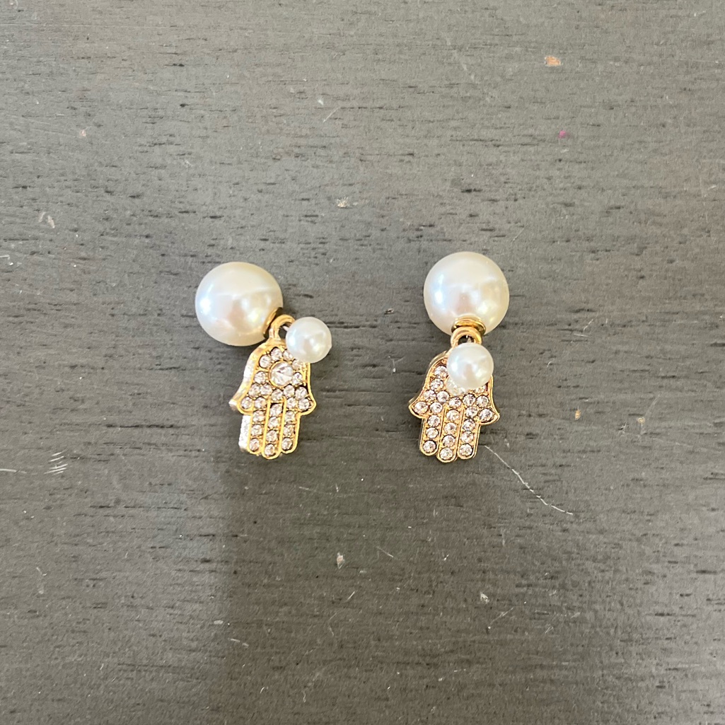White Pearl & Gold Rhinestone Detachable Removable Hamsa Double Sided Earrings